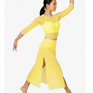 Double Platinum Yellow Lyrical Jazz Contemporary Dance Costume Leo with Skirt CL
